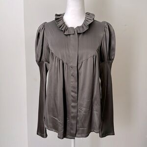 Serena Kay Vakkorama warm gray button down smooth satin silk shirt blouse, Sz 1